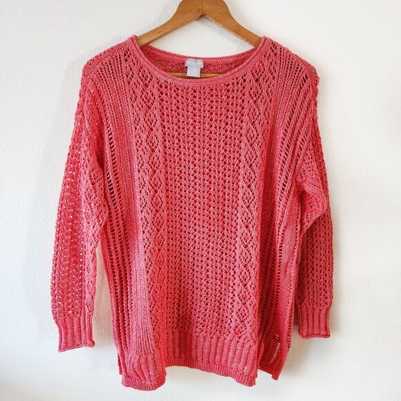 Chico’s Open Stitch Pullover Coral Pink Sweater Size SP Long Sleeve Lightweight - Picture 2 of 11